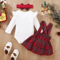 Christmas 3pcs Baby Girl 95% Cotton Ruffle Long-sleeve Graphic Romper and Red Plaid Suspender Skirt with Headband Set Red image 2