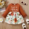 Baby Girl 95% Cotton Long-sleeve Letter Graphic Spliced Floral Print Dress YellowBrown image 1
