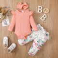 3pcs Baby Girl 95% Cotton Rib Knit Ruffle Long-sleeve Romper and Allover Floral Print Lace Pants with Headband Set Pink image 1