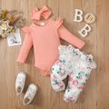 3pcs Baby Girl 95% Cotton Rib Knit Ruffle Long-sleeve Romper and Allover Floral Print Lace Pants with Headband Set Pink image 3