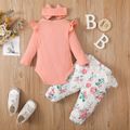 3pcs Baby Girl 95% Cotton Rib Knit Ruffle Long-sleeve Romper and Allover Floral Print Lace Pants with Headband Set Pink image 2