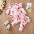 2pcs Baby Girl Allover Floral Print Long-sleeve Romper and Layered Ruffle Trim Pants Set White image 1