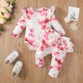 2pcs Baby Girl Allover Floral Print Long-sleeve Romper and Layered Ruffle Trim Pants Set White image 3