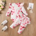 2pcs Baby Girl Allover Floral Print Long-sleeve Romper and Layered Ruffle Trim Pants Set White image 2