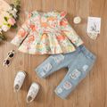 2pcs Baby Girl 95% Cotton Ripped Jeans & Allover Dinosaur Print Ruffle Long-sleeve Top Set Multi-color image 1