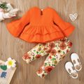 2pcs Baby Girl 95% Cotton Flare-sleeve Layered Ruffle Hem Top and Allover Sunflower Floral Print Leggings Set Orange image 2