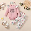 3pcs Baby Girl 95% Cotton Ribbed Letter Embroidered Ruffle Long-sleeve Romper and Allover Butterfly Print Pants with Headband Set Pink image 3