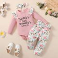 3pcs Baby Girl 95% Cotton Ribbed Letter Embroidered Ruffle Long-sleeve Romper and Allover Butterfly Print Pants with Headband Set Pink image 1