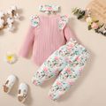 3pcs Baby Girl 95% Cotton Ribbed Letter Embroidered Ruffle Long-sleeve Romper and Allover Butterfly Print Pants with Headband Set Pink image 2