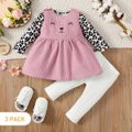 3pcs Baby Girl 95% Cotton Solid Pants and Leopard Long-sleeve Romper with Cat Embroidered Tank Dress Set Pink image 2