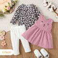 3pcs Baby Girl 95% Cotton Solid Pants and Leopard Long-sleeve Romper with Cat Embroidered Tank Dress Set Pink image 1