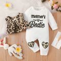 2pcs Baby Girl 95% Cotton Long-sleeve Letter Embroidered Jumpsuit and Leopard Fuzzy Vest Set White image 1