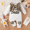 2pcs Baby Girl 95% Cotton Long-sleeve Letter Embroidered Jumpsuit and Leopard Fuzzy Vest Set White image 3