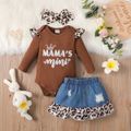 3pcs Baby Girl 95% Cotton Letter Embroidered Long-sleeve Ribbed Romper and Leopard Print Ruffle Hem Spliced Denim Ripped Skirt & Headband Set dilutebrown image 1