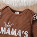 3pcs Baby Girl 95% Cotton Letter Embroidered Long-sleeve Ribbed Romper and Leopard Print Ruffle Hem Spliced Denim Ripped Skirt & Headband Set dilutebrown image 4