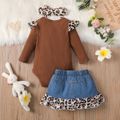 3pcs Baby Girl 95% Cotton Letter Embroidered Long-sleeve Ribbed Romper and Leopard Print Ruffle Hem Spliced Denim Ripped Skirt & Headband Set dilutebrown image 2