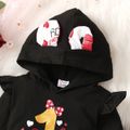 Valentine's Day 2pcs Baby Girl 95% Cotton Letter Graphic Ruffle Long-sleeve 3D Ears Hoodie and Allover Heart Print Ruffle Trim Pants Set redblack image 4