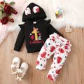 Valentine's Day 2pcs Baby Girl 95% Cotton Letter Graphic Ruffle Long-sleeve 3D Ears Hoodie and Allover Heart Print Ruffle Trim Pants Set redblack image 3