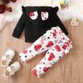 Valentine's Day 2pcs Baby Girl 95% Cotton Letter Graphic Ruffle Long-sleeve 3D Ears Hoodie and Allover Heart Print Ruffle Trim Pants Set redblack image 2