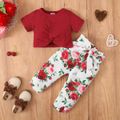 3pcs Baby Girl 95% Cotton Ribbed Short-sleeve Twist Knot Crop Top and Floral Print Pants & Belt Set Red image 1