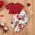 3pcs Baby Girl 95% Cotton Ribbed Short-sleeve Twist Knot Crop Top and Floral Print Pants & Belt Set Red image 3