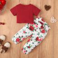 3pcs Baby Girl 95% Cotton Ribbed Short-sleeve Twist Knot Crop Top and Floral Print Pants & Belt Set Red image 2