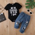 2pcs Baby Boy/Girl 95% Cotton Short-sleeve Letter Print Romper and Ripped Jeans Set Black image 3