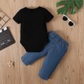 2pcs Baby Boy/Girl 95% Cotton Short-sleeve Letter Print Romper and Ripped Jeans Set Black image 2