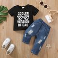 2pcs Baby Girl 95% Cotton Sunglass & Letter Print Short-sleeve Tee and Ripped Jeans Set Black image 1