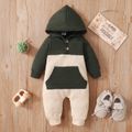 Waffle Colorblock Long-sleeve Hooded Baby Jumpsuit Army green