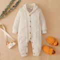 Solid Lapel Collar Button Down Long-sleeve Baby Knitted Sweater Jumpsuit Beige image 2