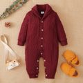 Solid Lapel Collar Button Down Long-sleeve Baby Knitted Sweater Jumpsuit Red