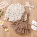 3pcs Baby Floral Print Long-sleeve Top and Ruffle Suspender Skirted Shorts Set Khaki