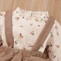 3pcs Baby Floral Print Long-sleeve Top and Ruffle Suspender Skirted Shorts Set Khaki image 3