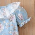 3pcs Baby Girl Allover Floral Print Blue Puff-sleeve Lace Top and Shorts with Headband Set Blue