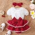 3pcs Baby Girl Lace Collar Puff Sleeve Top and Layered Ruffle Bowknot Shorts with Headband Set Red