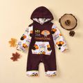 Thanksgiving Day Letter Print Brown Splicing Long-sleeve Baby Hooded Jumpsuit Brown