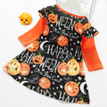Toddler Girl Halloween Letter Pumpkin Stars Print Long-sleeve Dress Orange