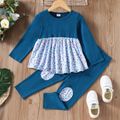 2-piece Toddler Girl Floral Print Stitching Colorblock Long-sleeve Top and Elasticized Pants Set Blue