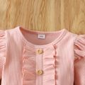 Toddler Girl Floral Print Stitching Ribbed Ruffled Button Design Long-sleeve Dress Pink