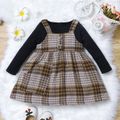 Toddler Girl Faux-two Button Design Plaid Tweed Dress Brown