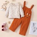 2-piece Toddler Girl Ruffled Floral Print Long-sleeve Top and Fox Pattern Corduroy Overalls Set Ginger