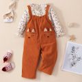 2-piece Toddler Girl Ruffled Floral Print Long-sleeve Top and Fox Pattern Corduroy Overalls Set Ginger