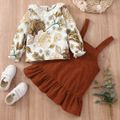 2-piece Toddler Girl Schiffy Design Floral Print Long-sleeve Top and Ruffle Hem Brown Overall Dress Set Brown