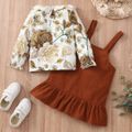 2-piece Toddler Girl Schiffy Design Floral Print Long-sleeve Top and Ruffle Hem Brown Overall Dress Set Brown