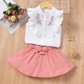2-piece Toddler Girl Floral Embroidered Ruffled Sleeveless White Tee and Belted Pink Skirt Set Pink