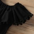 2pcs Toddler Girl Boho Flounce Pompom Design Black Tee and Exotic High Low Skirt Set Black