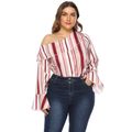 Women Plus Size Elegant Striped Flounce One Shoulder Bell sleeves Blouse Red/White
