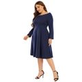 Women Plus Size Elegant Off Shoulder Wavy Edge Long-sleeve Azure Midi Dress Azure