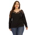Women Plus Size Elegant V Neck Backless Lace Splice Long-sleeve Top Black